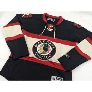 Reebok Chicago Blackhawks NHL Hockey Jersey Womens Small Black Red Lace Up Neck